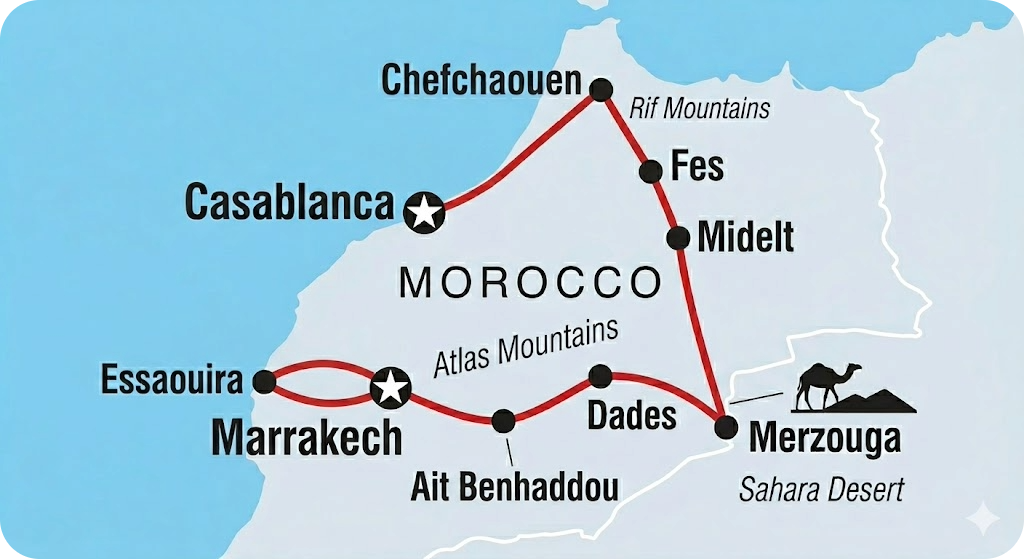 A route map of a journey through Morocco