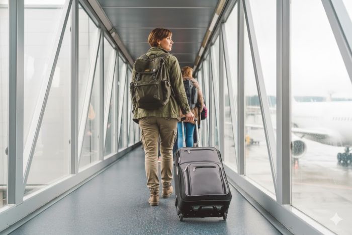 A women traveller boards a longhaul flight.