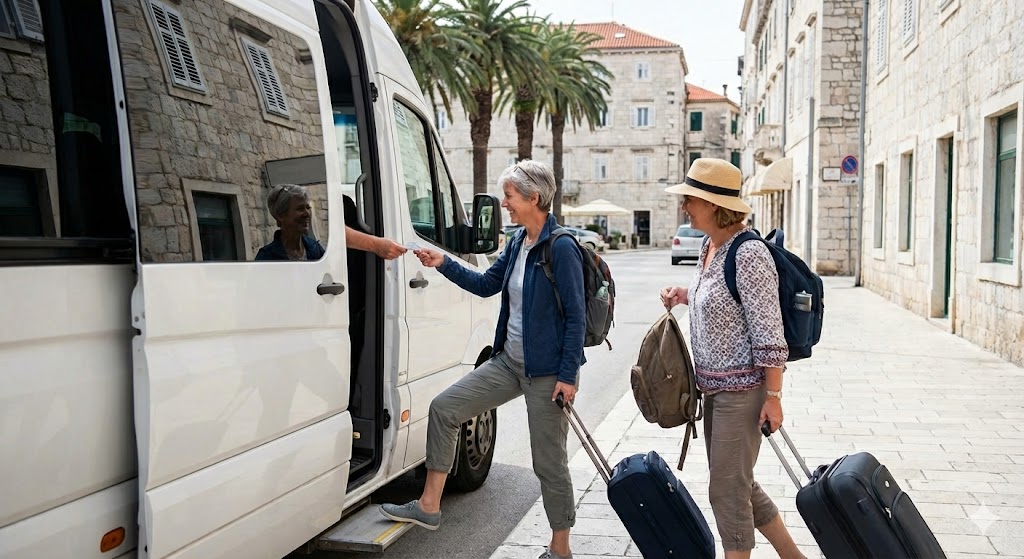 A pair of women travellers boarding a van