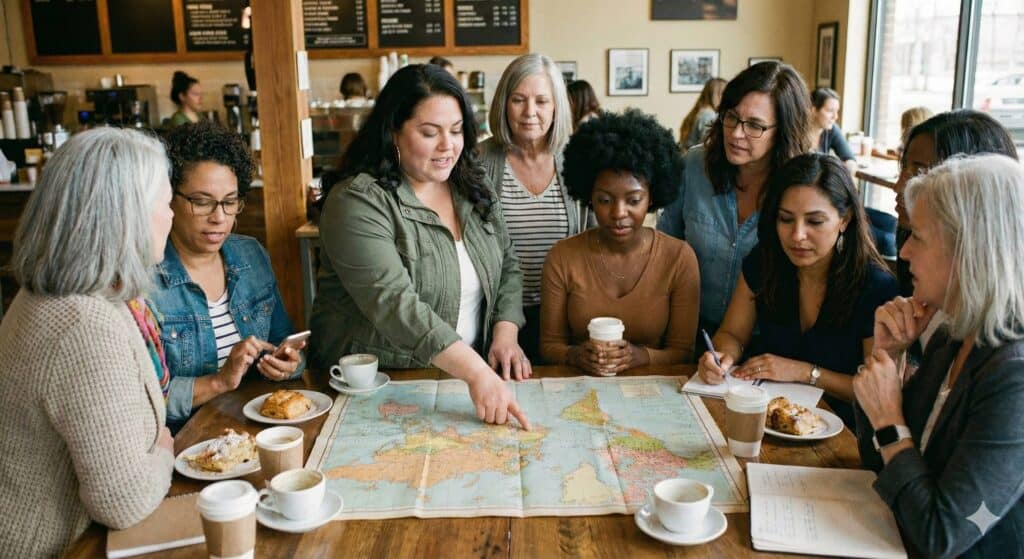 Diverse women engaging in travel planning with map and coffee.