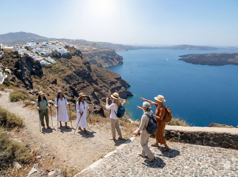 Ladies hiking around the Caldera from Fira to Oia