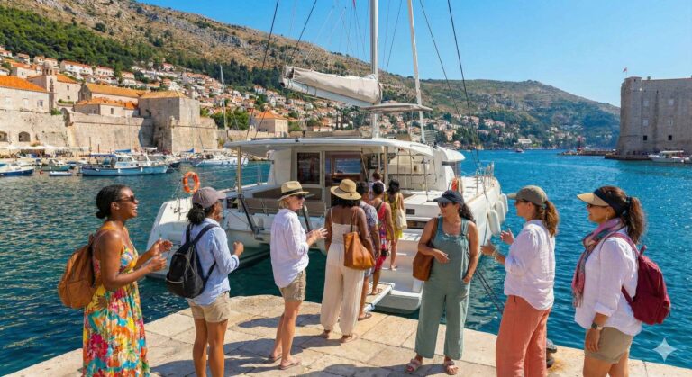 A group of women boarding a catamaran in an ancient port