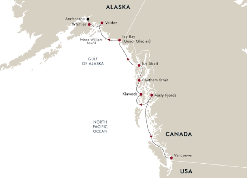 A map showing a cruise journey through Inside Passage, Alaska.