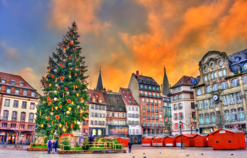 A quaint European town square at Christmas