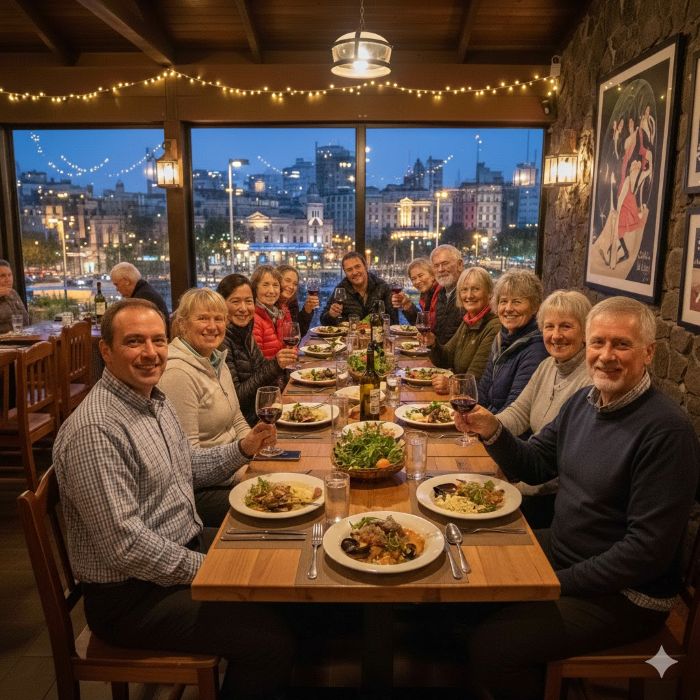 A group of travellers enjoying dinner before an adventure
