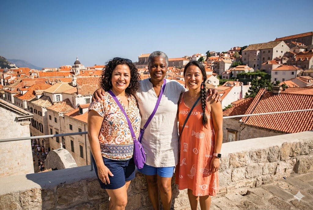 Three female travellers pose in front of Dubrovnik's old town