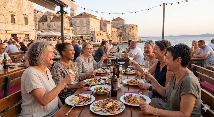 A group of women enjoy an evening meal by the water in Split, Croatia