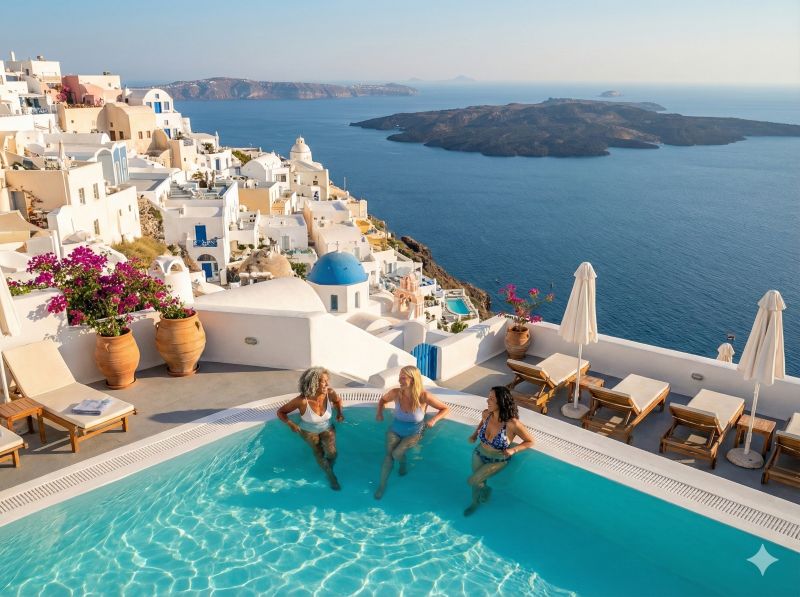 Three women in a hotel pool overlooking Fira