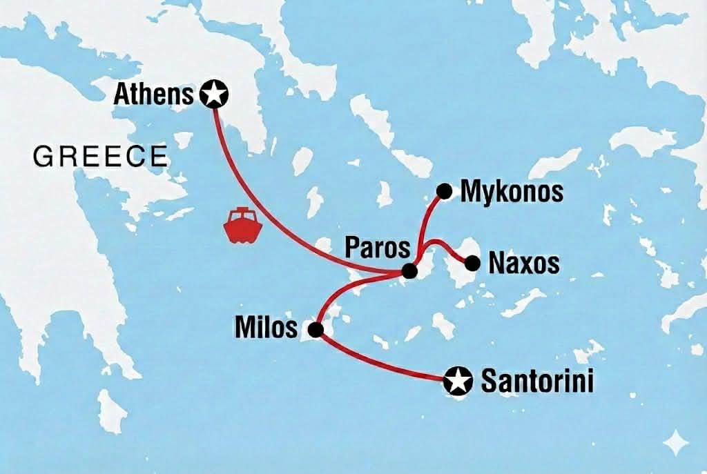A map of the Greek Island Hopping Tour.
