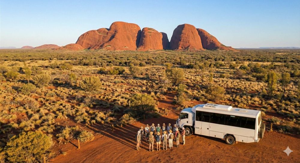 A group of women gather outside a tour bus with Kata Tjuta in the background.
