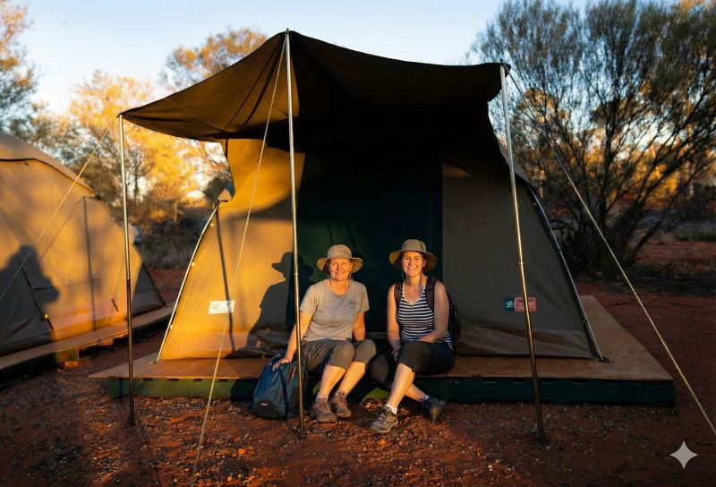 Two women in the outback, sitting in front of their tent
