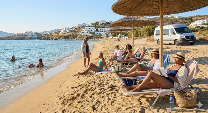 Ladies relaxing on sunbeds on a beach.