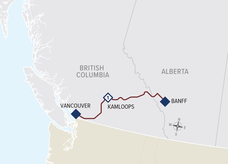 Map of the rail journey from Banff to Vancouver