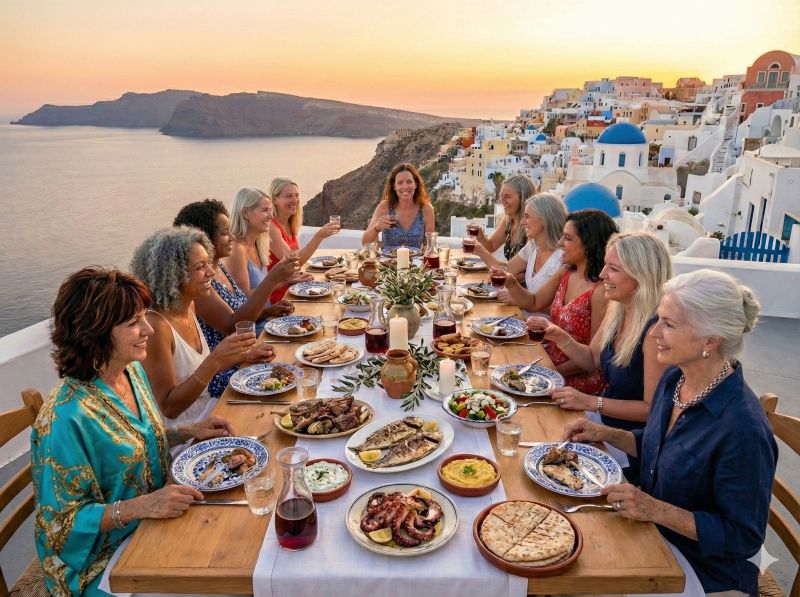 Ladies having a sunset dinner looking over Santorini
