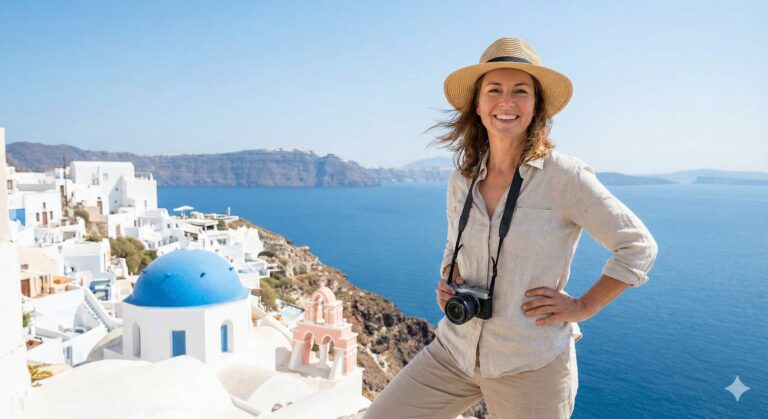 A woman traveller with a camera looks over a seaside village in the Greek Islands