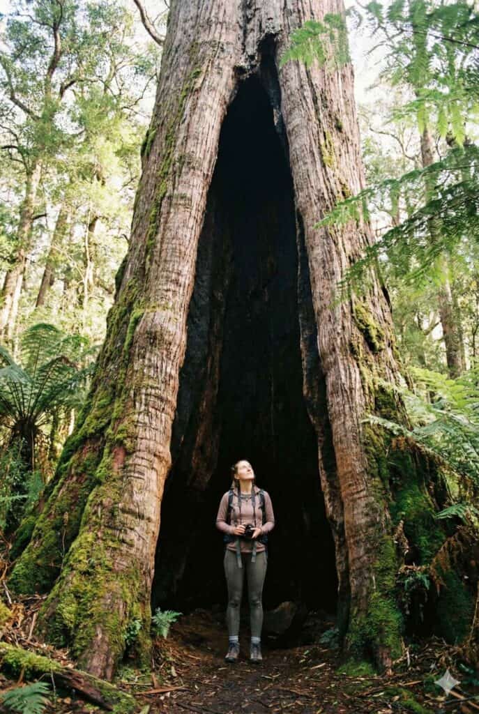 A solo woman traveller marvels at a giant tingle tree