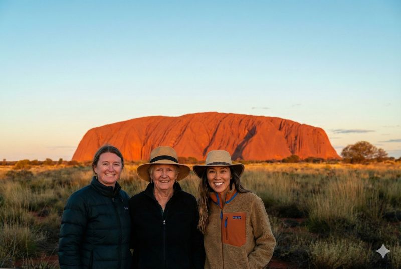 Three ladies face the camera with Uluru in the background at sunset.