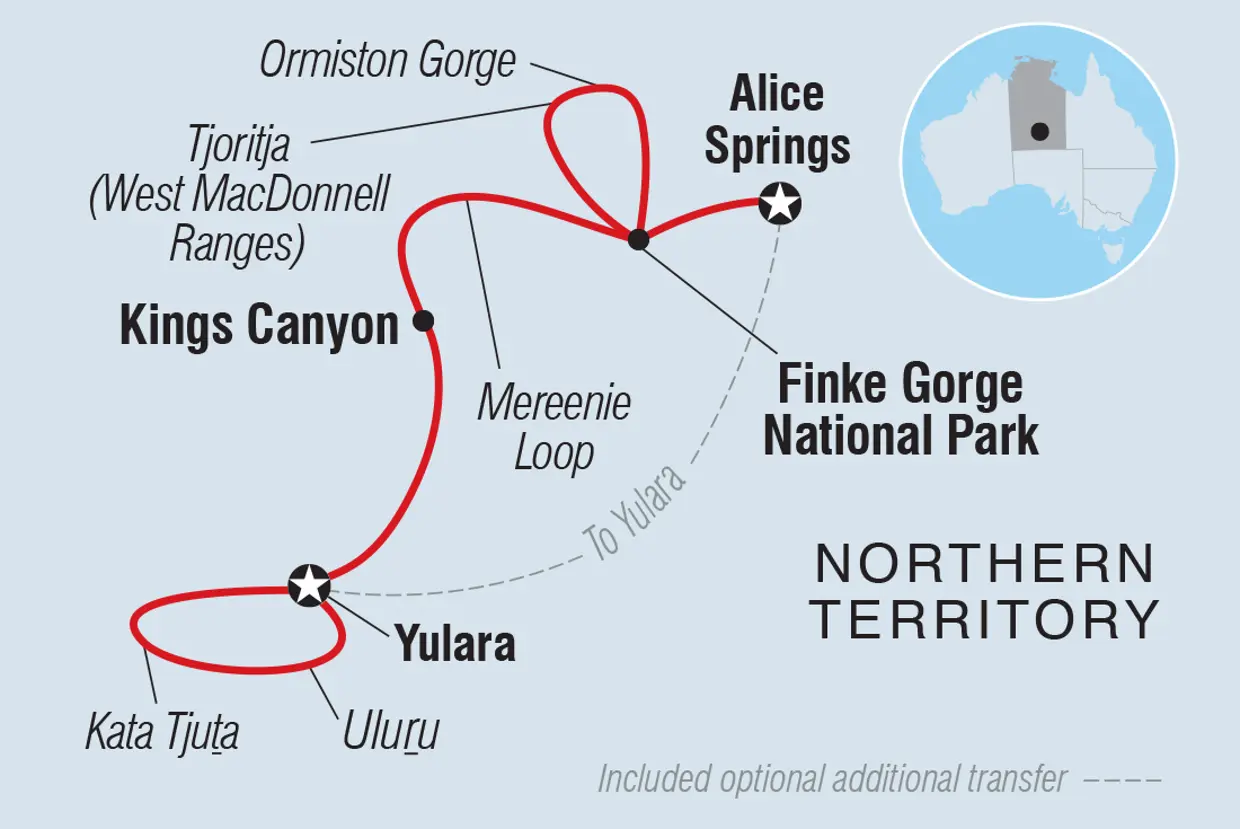 A map of the Red Centre and Uluru travel route