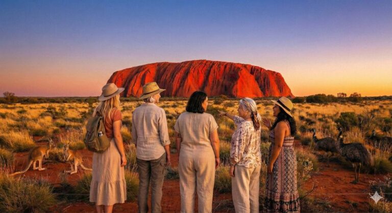 Five women travellers marvel at Uluru at sunset