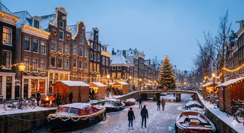 Frozen canals in Amsterdam at Christmas