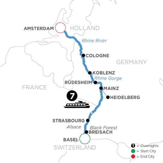 A map of the Xmas cruise from Basel to Amsterdam