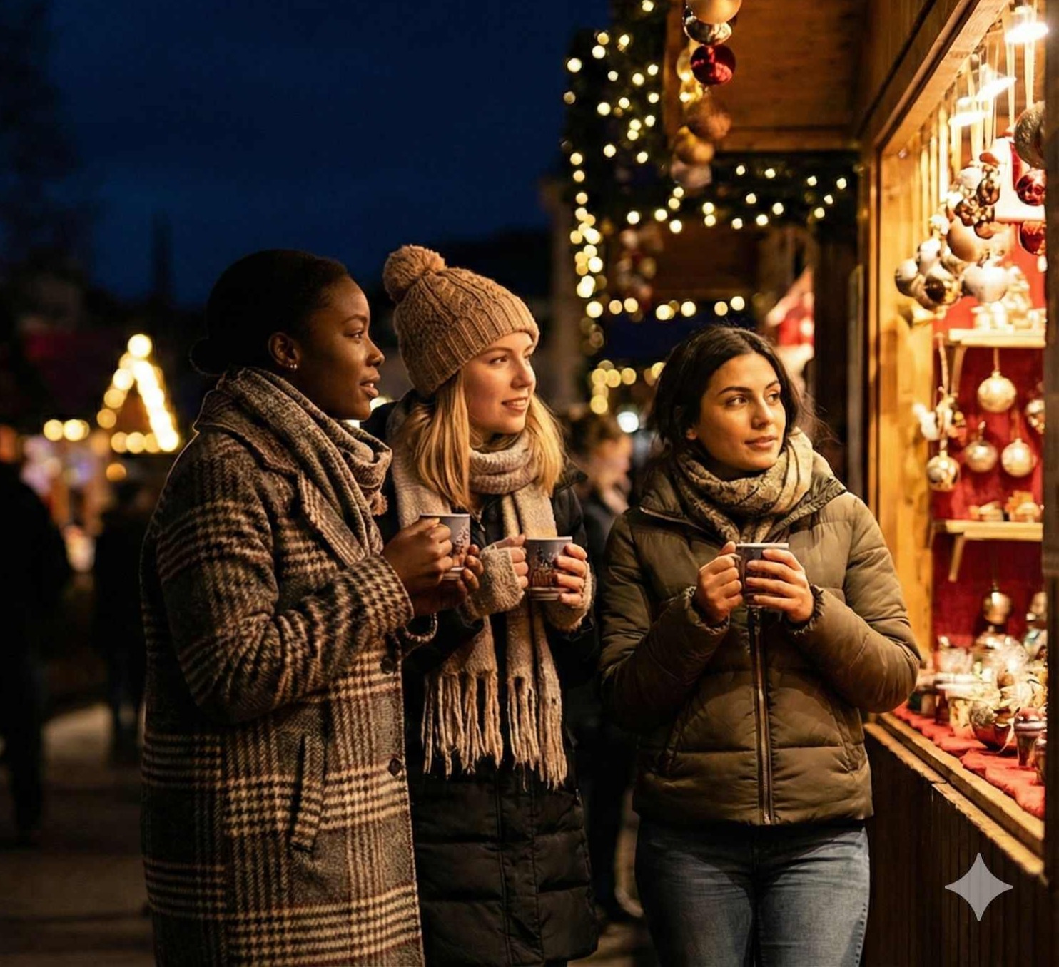 Three women drinking cocoa looking in the window of a shop at Christmas in a European town.