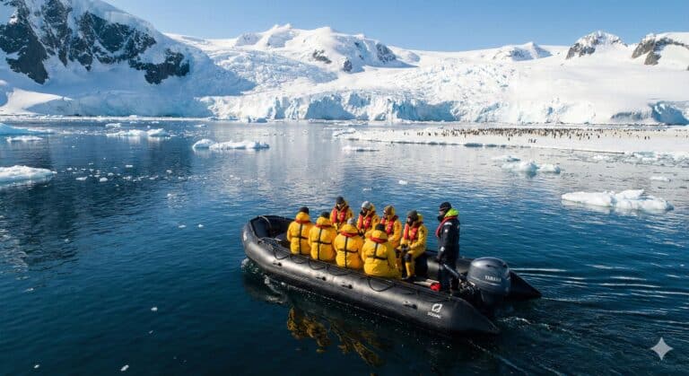 Enthusiastic women in yellow jackets on zodiac boat touring icy Antarctic waters with glaciers and penguins in background.