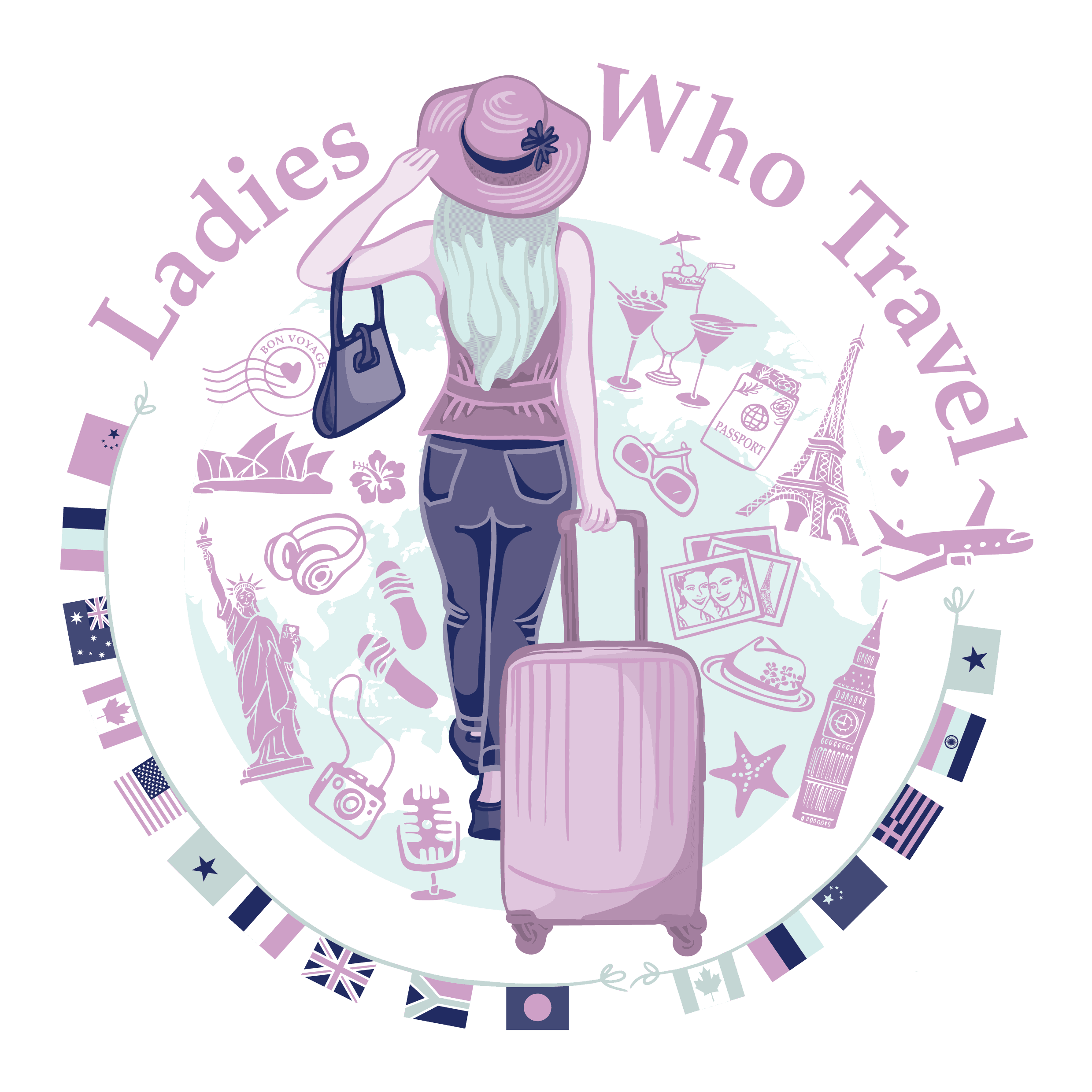 Women travellers with suitcase, travel icons, and global flags for women’s travel adventures.
