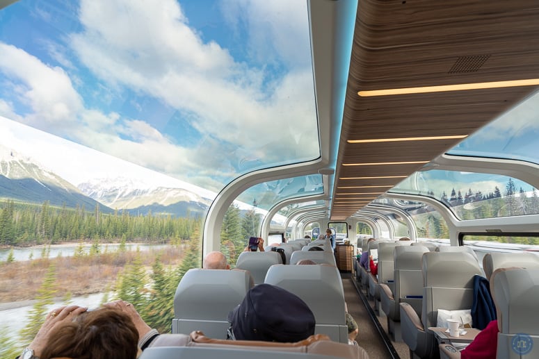 The interior of the Golf Leaf train carriage of the Rocky Mountaineer