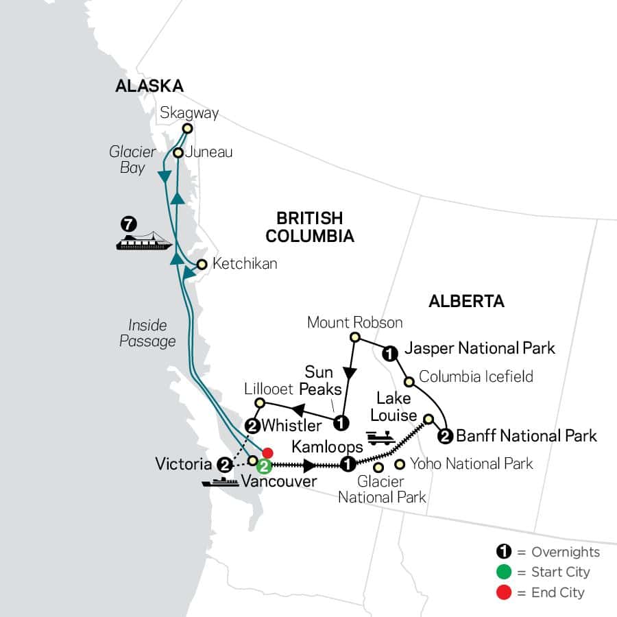 A tour map of the canadian rockes and Alaska