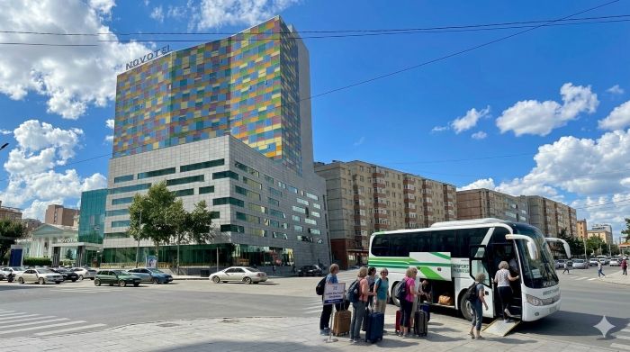 Women boarding an airport transfer in Ulaanbaatar