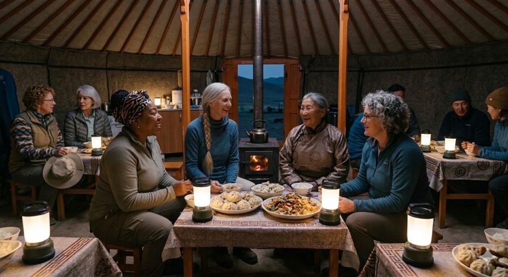 Women travellers share an evening meal in a ger