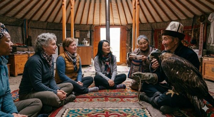 Women travellers meeting a Golden Eagle Master in a ger