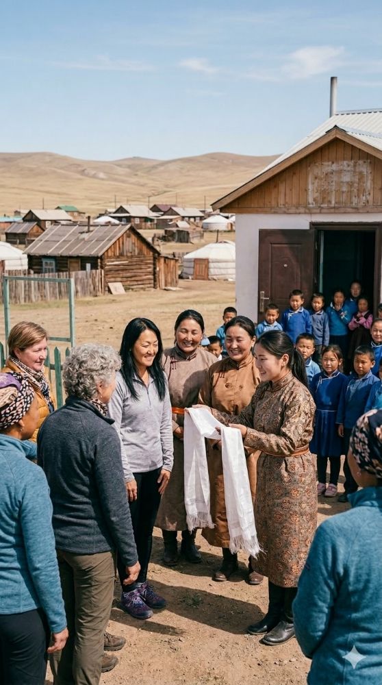 Women travellers visit a rural Mongolian village
