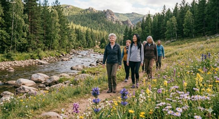 Women travellers walking by a stream
