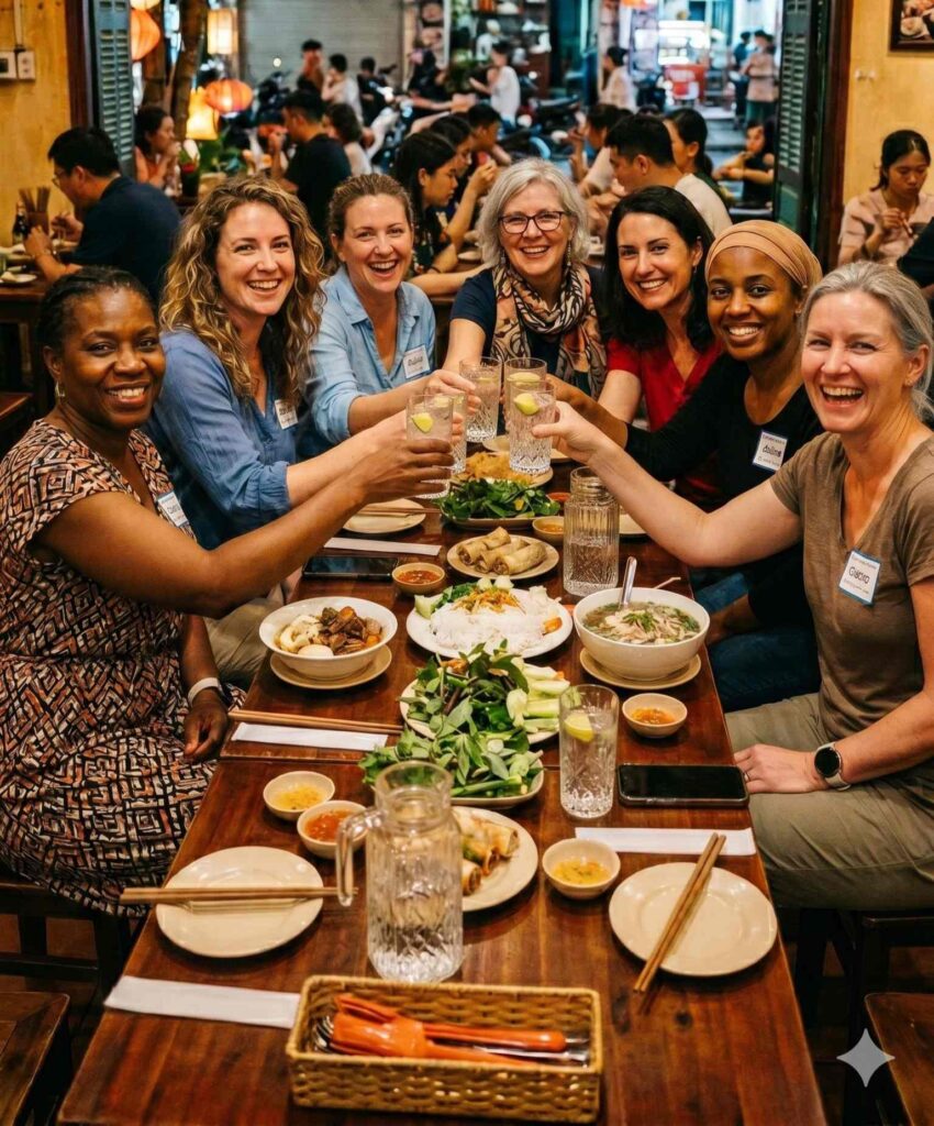 A group of women travellers in a Hanoi restaurant