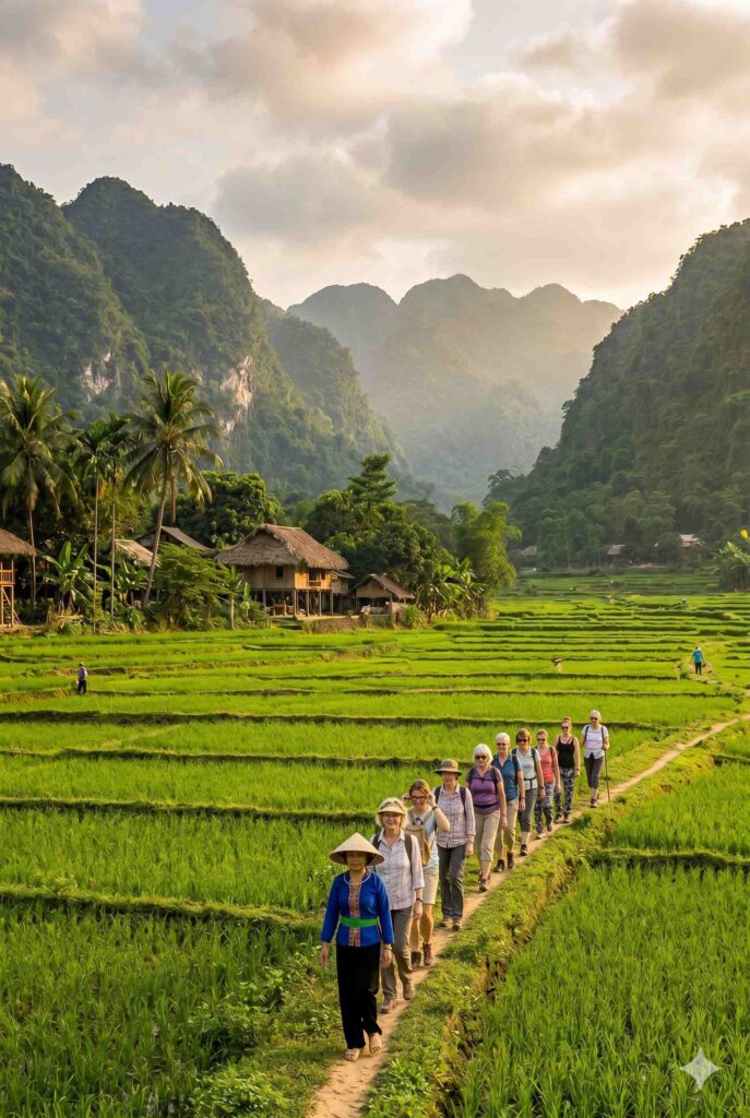 A group of women travellers hiking through rice fields in Vietname