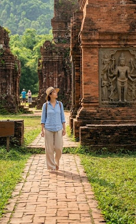 A woman explores the ruins of the Champa Kingdom in Hoi An
