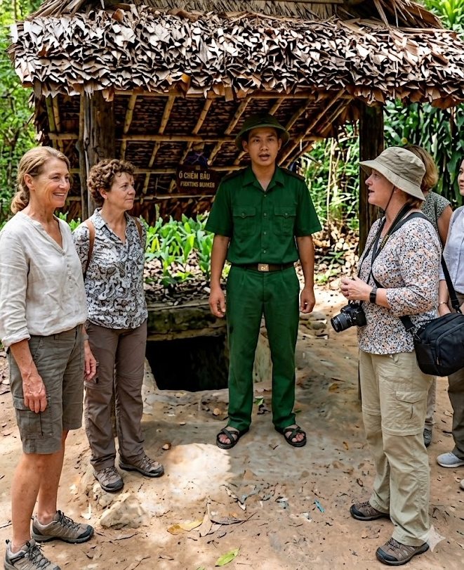 Women listen to a guide at the Cu Chi Tunnels, Vietnam