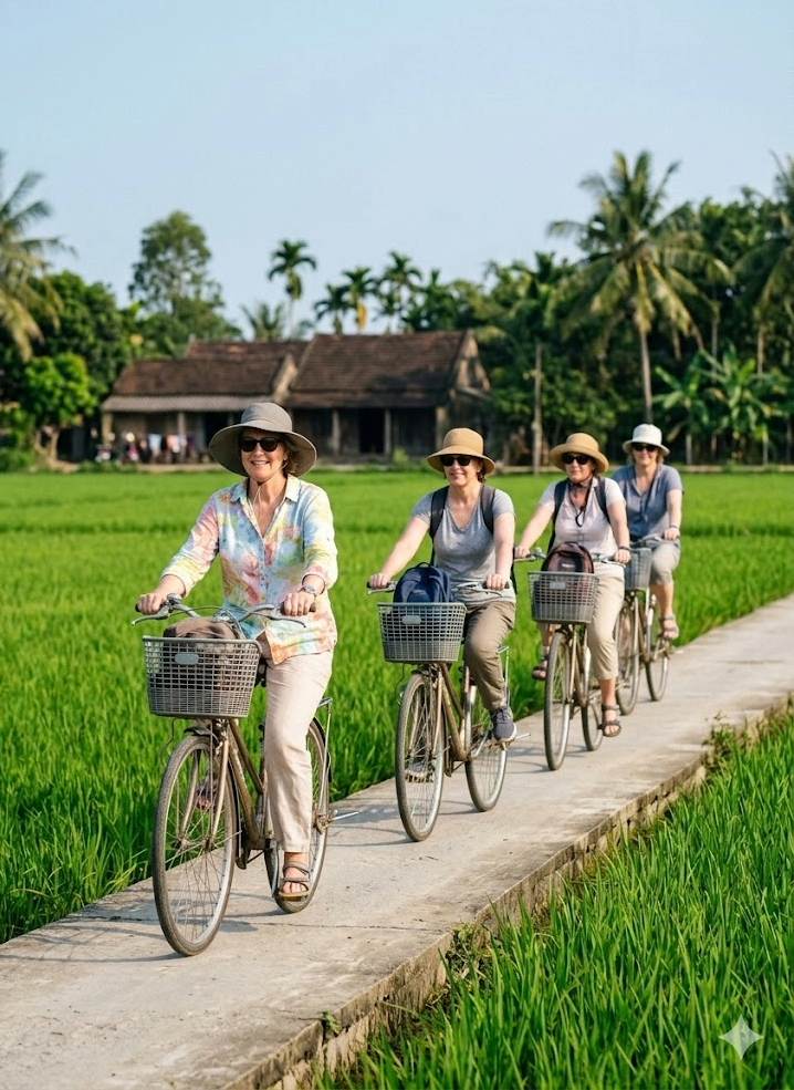 Women tourists cycling through rice fields in Vietnam