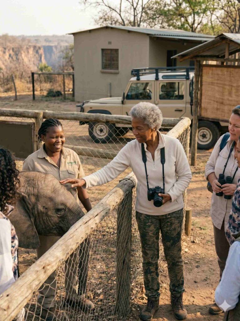 A woman traveller meets an orphaned elephant.