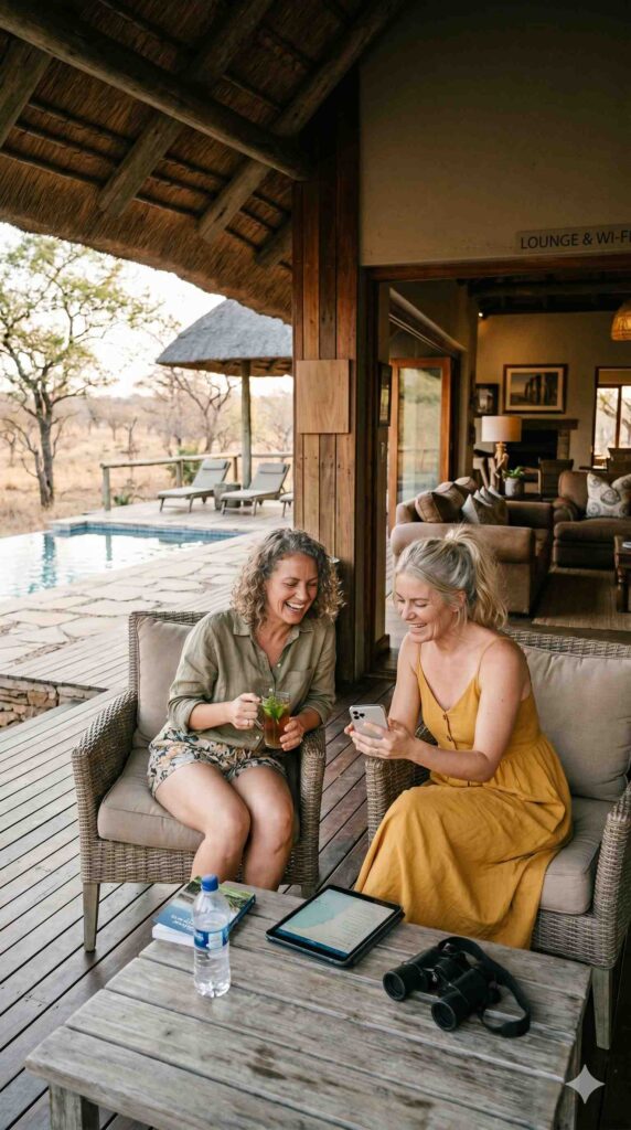 Lady travellers relax in a safari lodge