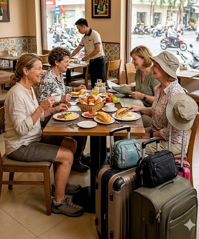 Women travellers enjoy breakfast before departing for the airport