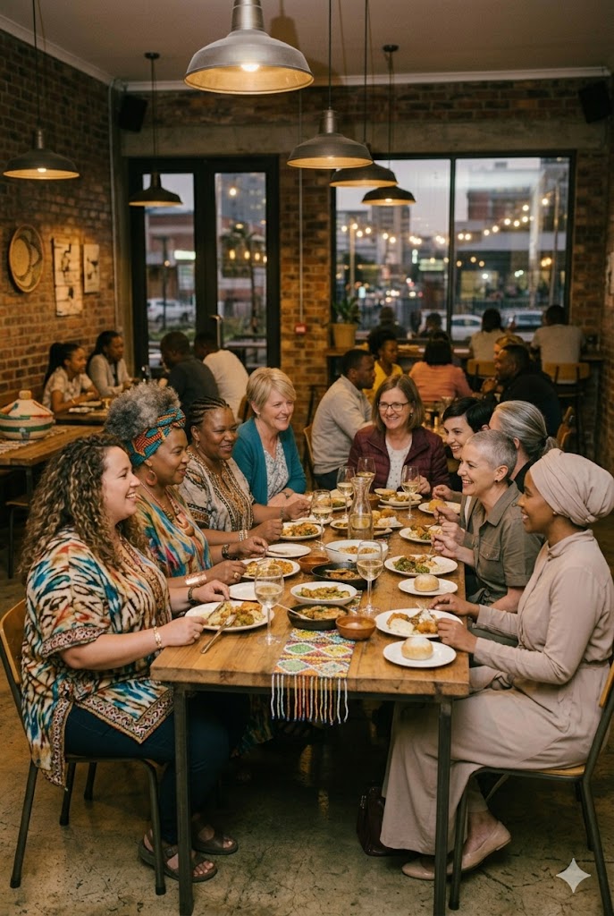 A group of women travellers share a meal in a Johannesberg restaurant.