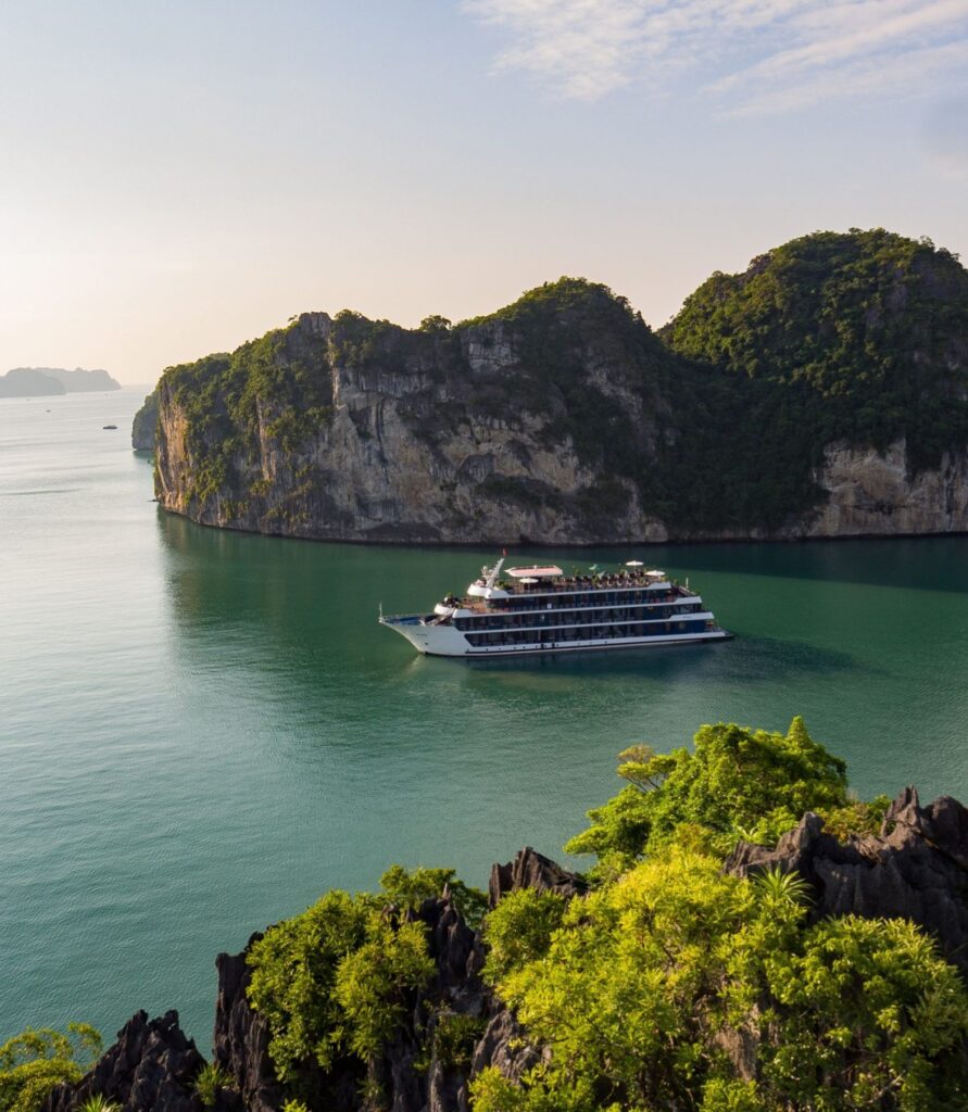 An aerial view of a luxury cruise boat on Ha Long Bay