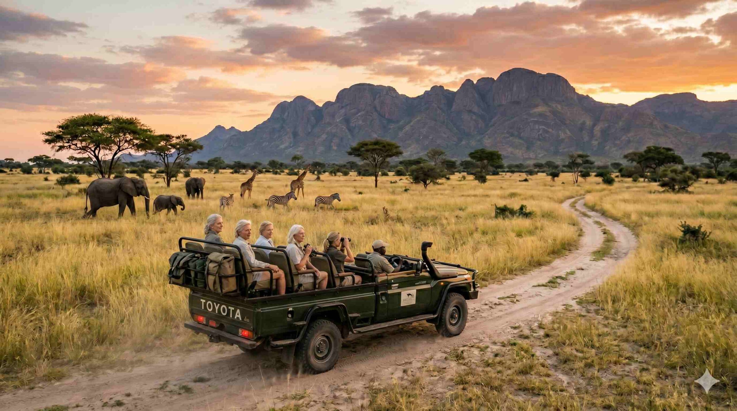 A group in an open topped Toyota travel through a safari park with wildlife in the background.