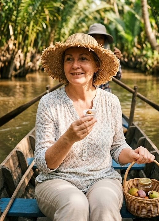 A woman cruises on the Mekong Delta in a Sampan
