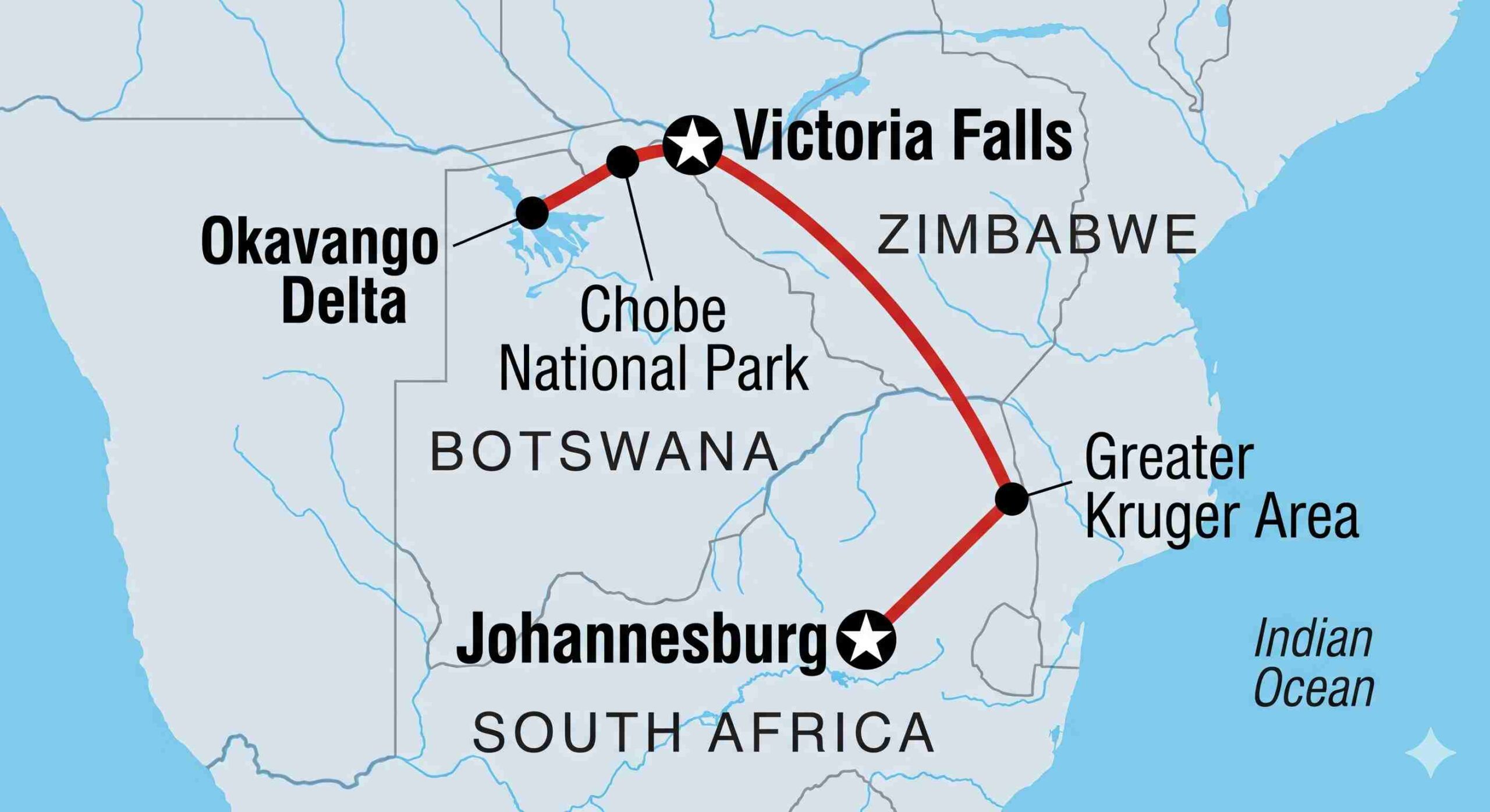 A map of the trip through Southern Africa