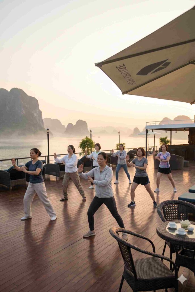 A group of women practice Tai Chi on the deck of a cruise boat in Ha Long Bay