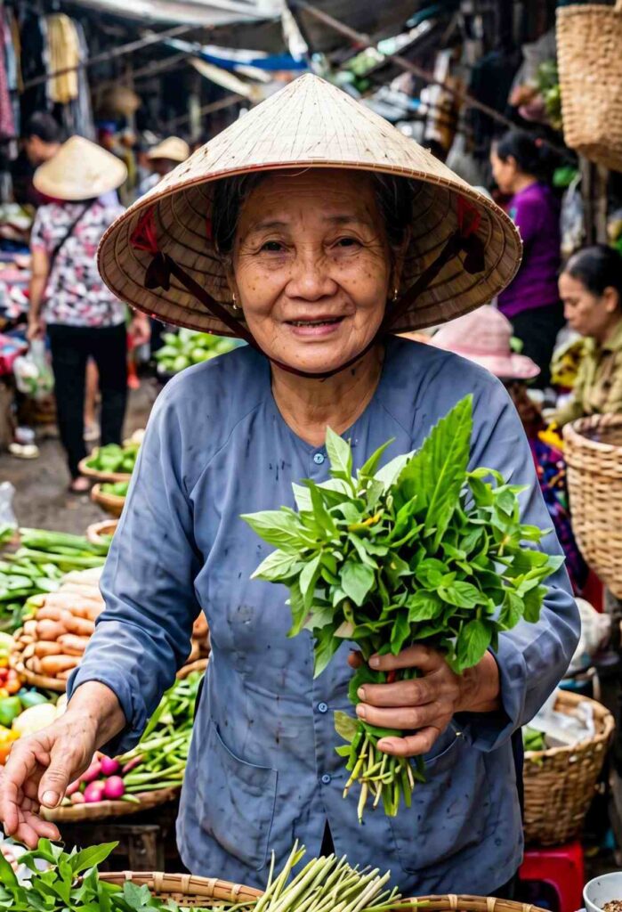 A Vietnamese woman sells vegetables in a market